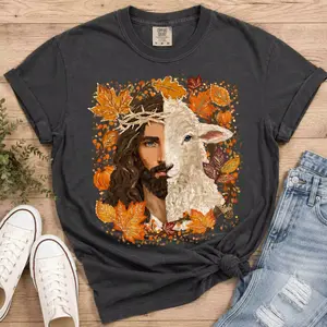 Women's Jesus & Lamb Graphic Cotton T-Shirt, Lightweight Christian Fall Tops for Everyday Wear