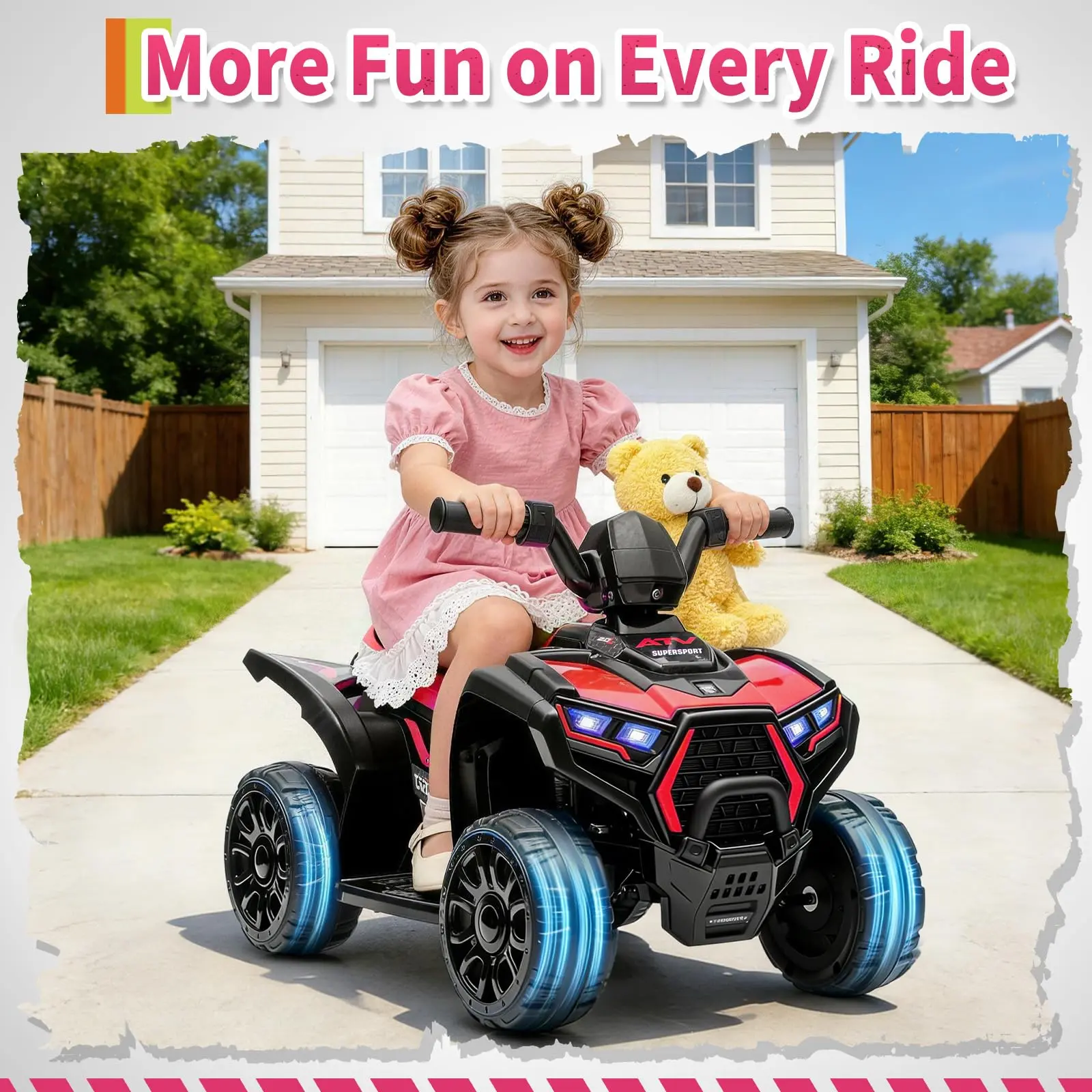 GARVEE 6V Unisex Electric Toddler Car Ride-On 4-Wheeler Quad Toy, All-Terrain Wheels, 3.5mph Max Speed, 66lbs Weight Capacity, LED Lights, Music Feature, for 3-6 Years Outdoor Play (Summervibes Flash Sale)