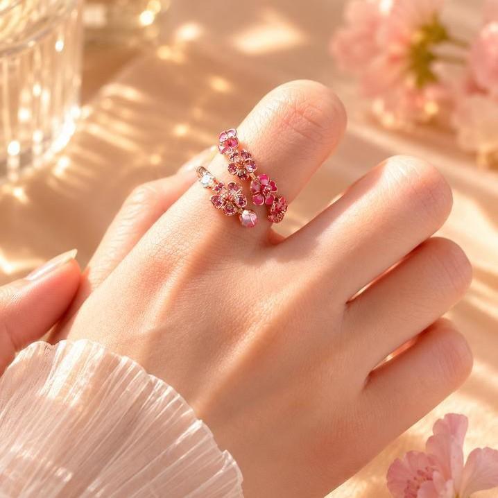#JY Peach Blossom Ring for Women, Pink Cherry Blossom Adjustable Ring, Floral Open Wrap Band Jewelry, Sparkling Cubic Zirconia Flower Ring, Bridesmaid Wedding Jewelry, Minimalist Everyday Accessory, Birthday Anniversary Gift for Her
