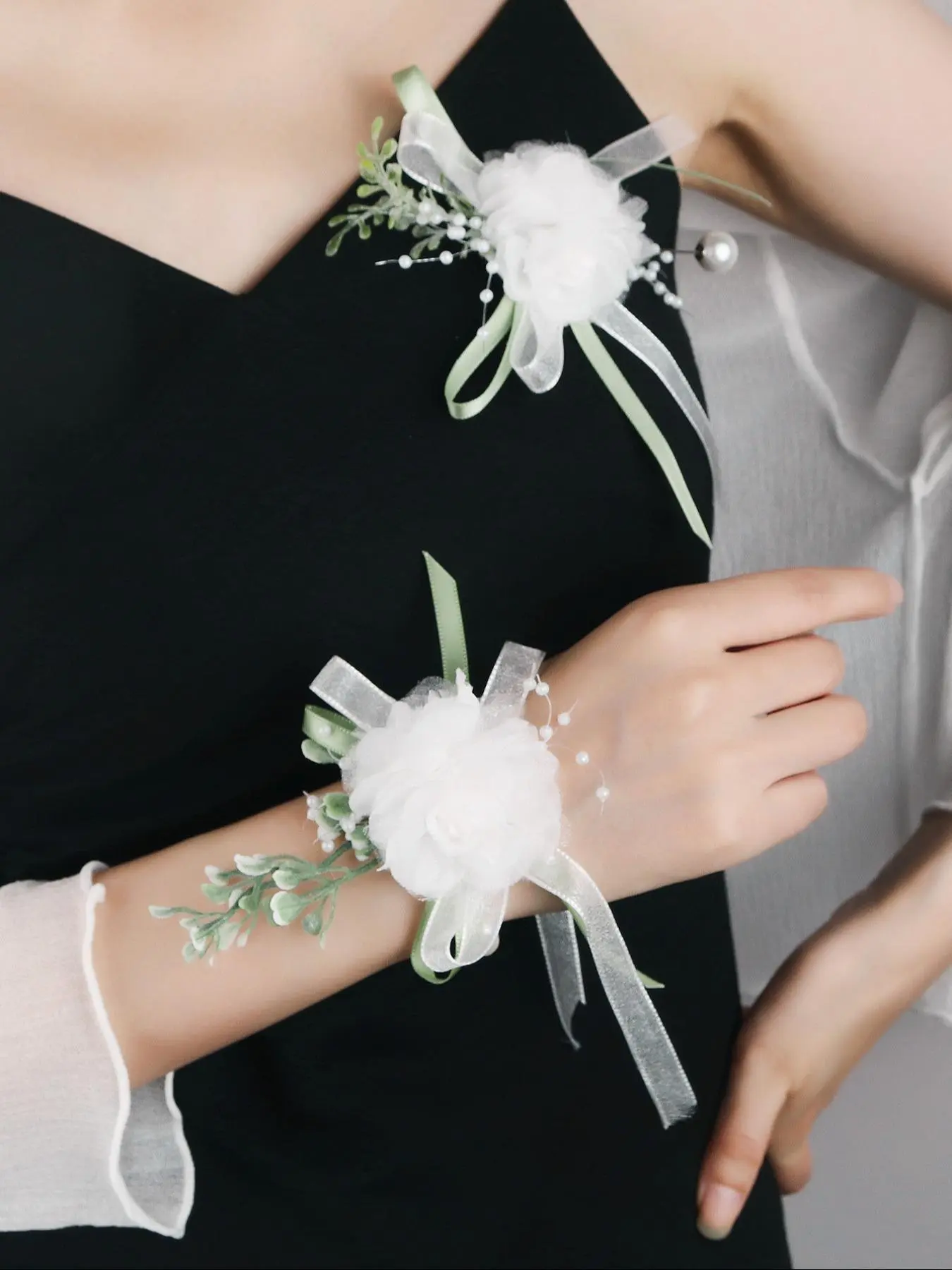 Simple Artificial Pearl Decorated Wrist Corsage & Boutonniere, Elegant Wedding Bridal Party Decoration, Fashion Accessories for Wedding Party