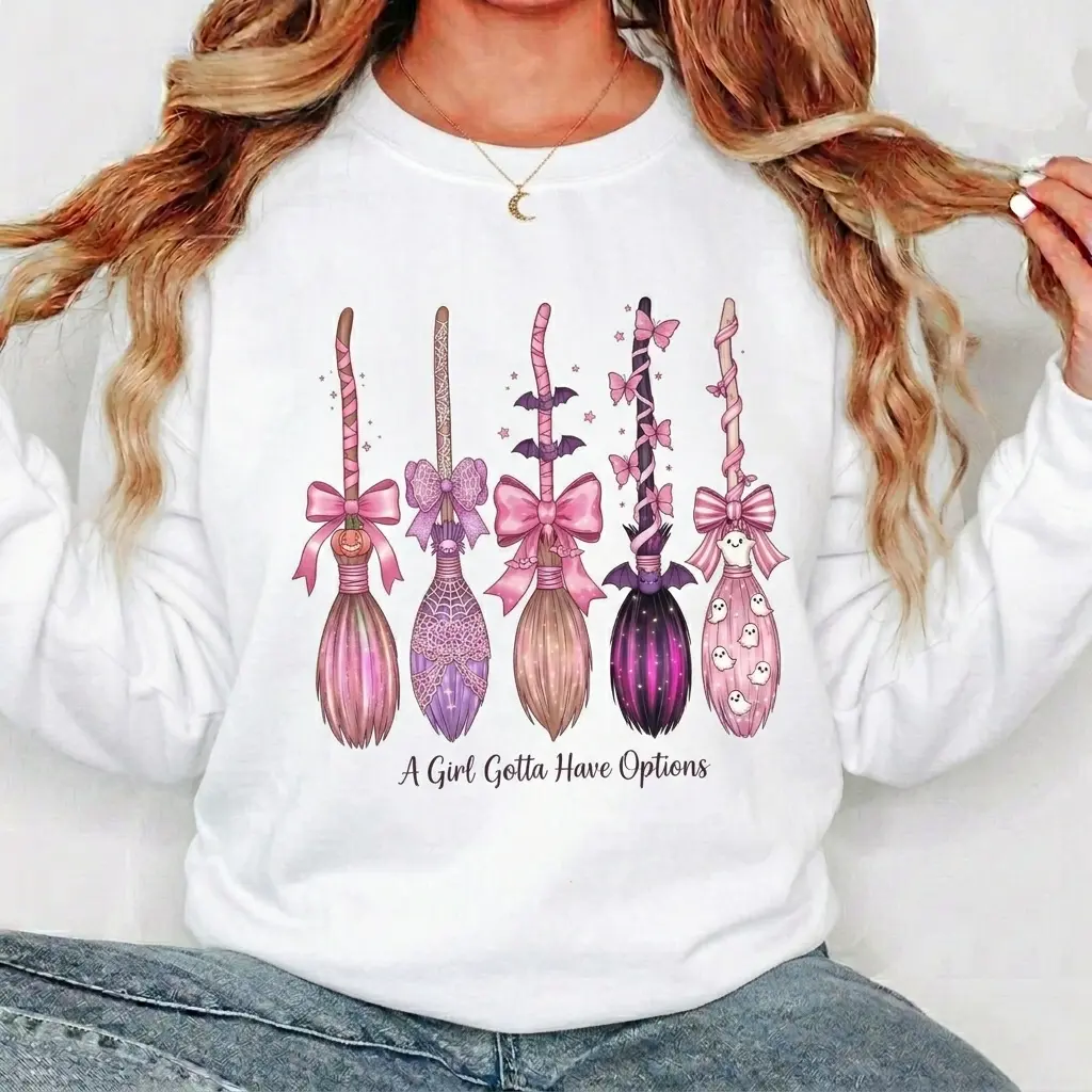 A Girl Gotta Have Options Halloween Sweatshirt, Coquette Witch Broom Graphic Shirt, Pink Spooky Fall Outfit