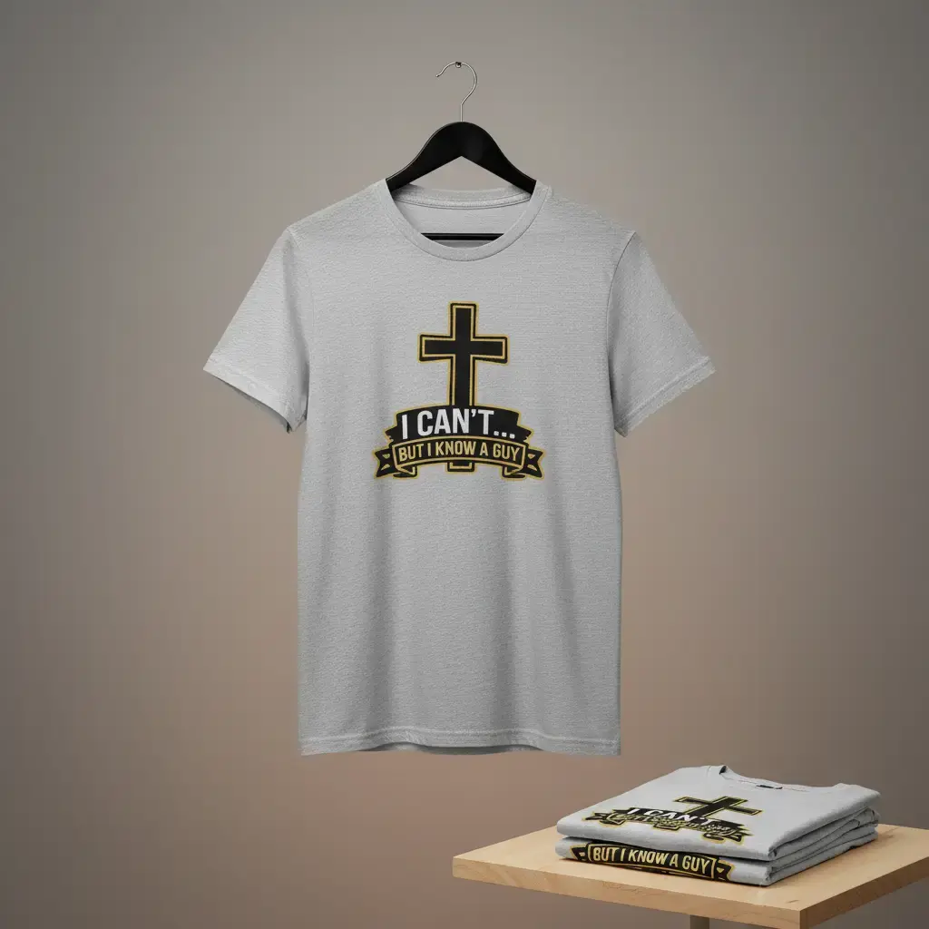 Men's Grey Graphic Cotton T-Shirt - Casual Classic Short-Sleeve, Round Neck, "I Can't... But I Know A Guy" Bold Black & Gold Print, Cross Design, Fade Resistant, Soft, True Size, Machine Washable, Unisex Menswear Top
