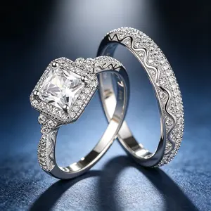 Elegant Halo Ring Stack  S925 Sterling Silver Vintage Square Design Full Pave Sparkle Bridal Set Engagement Wedding Jewelry queen ring