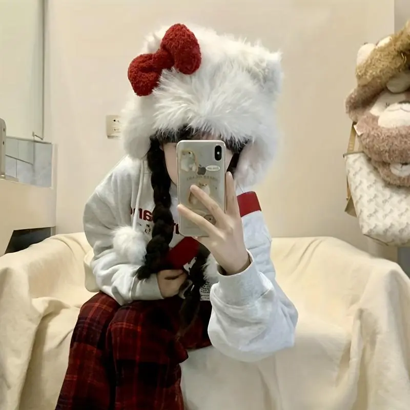 Bowknot Hat Warm Plush Hat Cute Cat Style Sweet Girl Ear Protection Hat White Earflap Hat Thick Cold-proof Fluffy Hat for Women Daily Use Autumn Winter beanie how to wear beanies mens hats skull caps