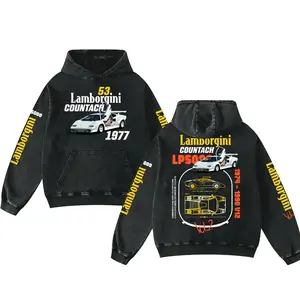 Retro Lamborghini Coutach 1977 Racing Washed Hoodie Fomula World Champion Enthusiast Apparel Streetwear Racing Team Super Motorsports Clothing Riders Motocross Off-Road Dirt Bike Fan Gear Cotton For Moto Fan ONS78