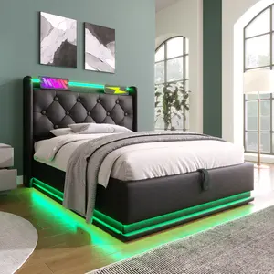 Twin Size Bed Frame with Storage and Charging Station,PU Leather Upholstered Twin Platform Bed with LED Lights & Wingback Headboard, Remote Control, Heavy Duty Wooden Slats, No Box Spring Needed, Black