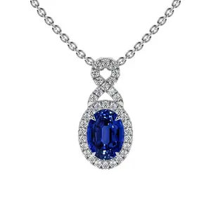 Oval Cut Blue Sapphire Twist Halo Pendant (1.17cttw)- PBS002-7X5-AAAA