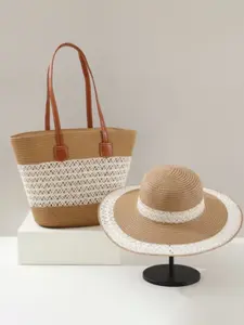Spring Summer Beach Bag Hat Set, Woven Straw Bag Travel Tote, Lightweight Tote Bag, Large Brim Sun Hat, Casual Daily Commute Hat, Outdoor Accessories