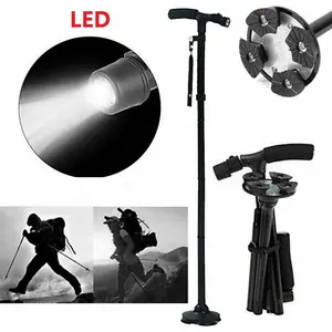 5-Level Adjustable Height Foldable Walking Stick - 360° Anti-Slip Pivoting Base, 6 Built-in LED Lights (180° Rotation), Ergonomic Foam Handle, Lightweight Aluminum Alloy, 250LBS Capacity, Portable for Camping, Black​ Healthcare  Tool Cane Equipment
