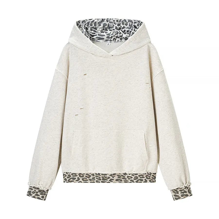 New women's versatile and fashionable leopard print patchwork perforated hooded sweatshirt
