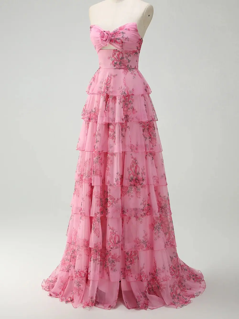 ZAPAKA-US4 US8 Blush Floral Printed Princess Sweetheart Tiered Long Prom Dress
