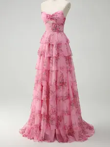 ZAPAKA-US4 US8 Blush Floral Printed Princess Sweetheart Tiered Long Prom Dress