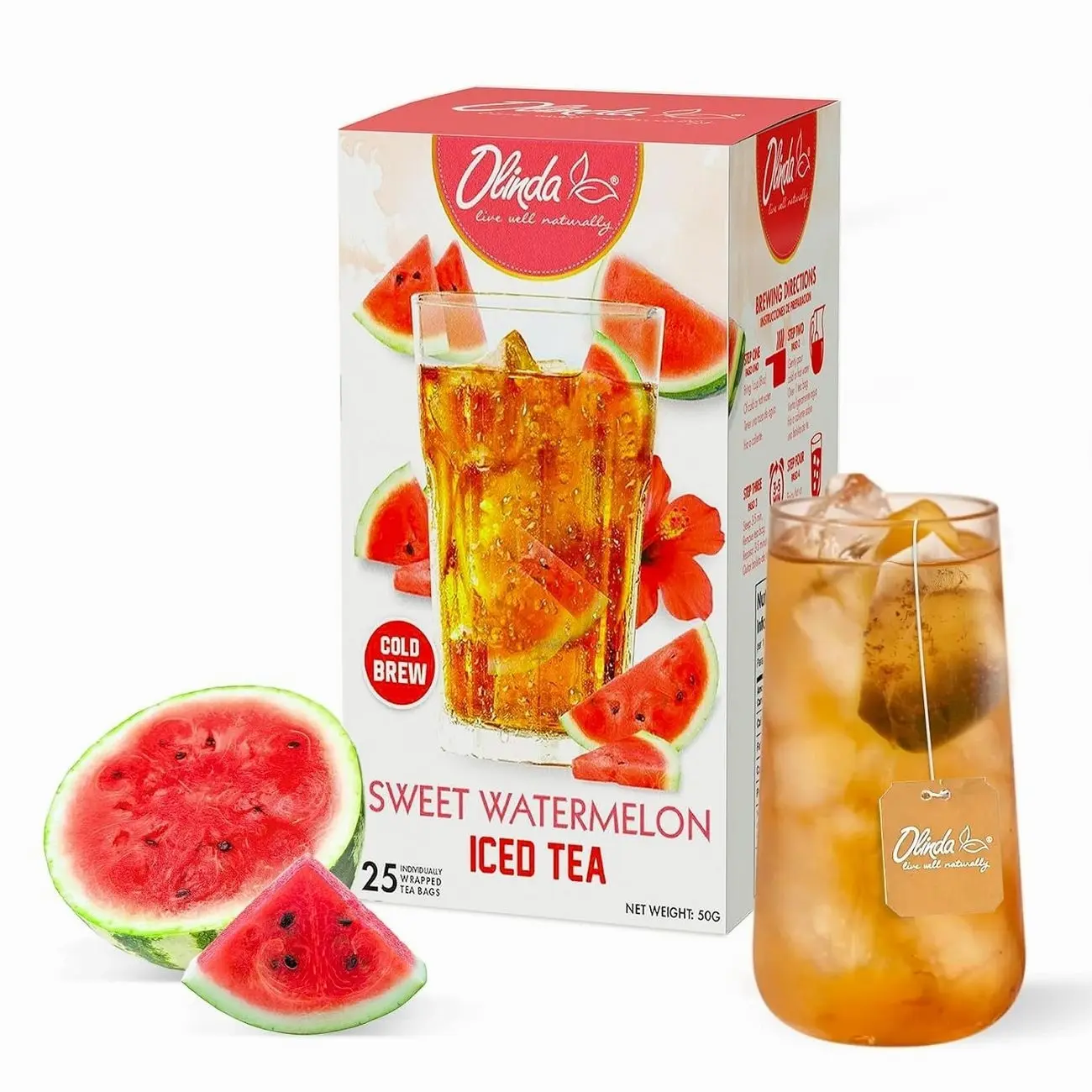 Olinda Iced Tea Sweet Watermelon Iced Tea Bags Cold Brew Herbal Green Tea Summer Drink Hot and Cold Brew Natural Sucralose Sweetened Fruity Flavored Healthy Caffeinated Tea