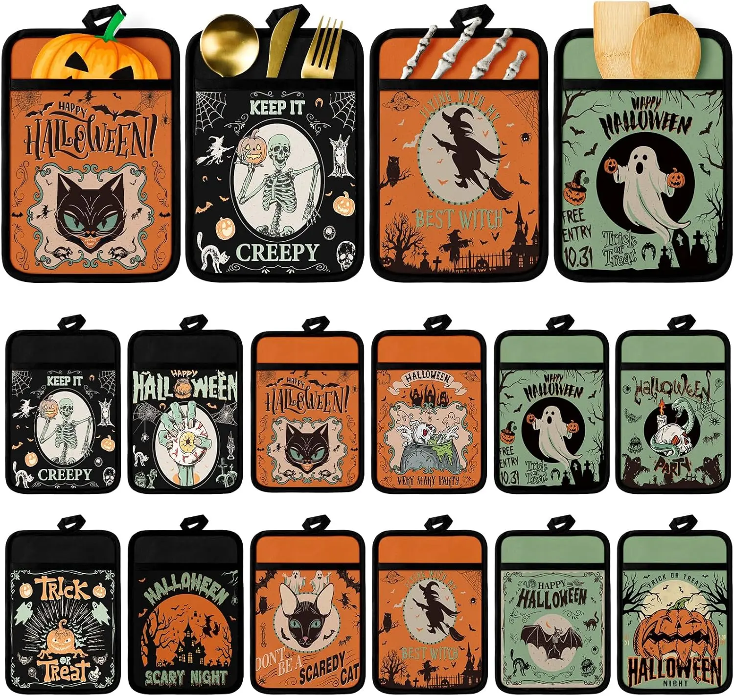 12 Pcs Halloween Pot Holders with Pocket Ghost Hot Pads and Oven Mitts Spooky Pumpkin Farmhouse Gloves for Kitchen Gothic Witchy Baking Cooking Gift