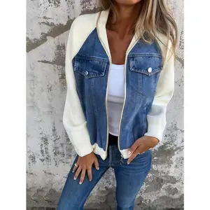 Autumn and winter new faux denim patchwork jacket, featuring a lapel design and zipper style, is a casual and fashionable long-sleeve coat that is an indispensable item for autumn and winter seasons