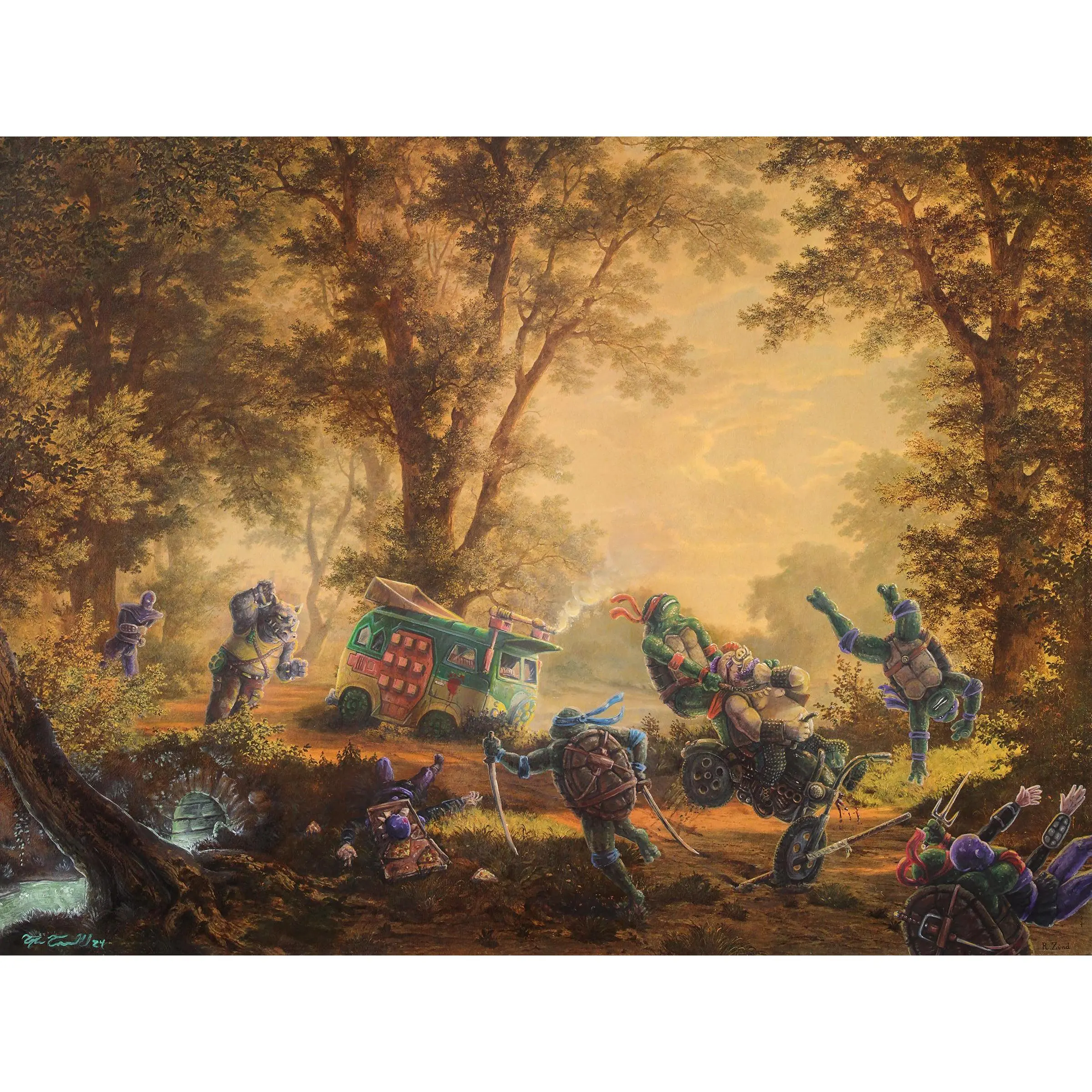 Retro Mutant Turtle Action Canvas Poster, Fantasy Forest Battle Wall Art, Cartoon Adventure Print, Unframed Canvas Poster for Game Room Bedroom Decor