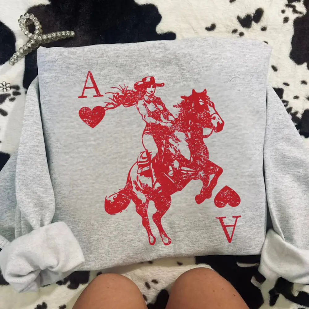 Cowgirl Sweatshirt, Heart Crewneck, Playing Card, Ace Westerm Shirt graphic tees women, cowgirl western stuff, western clothing, western outfits women tops, country concert tops outfits, western shirts for women, women’s clothes