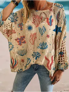 Women's Coral Ocean Print Long Sleeve Knit Top, Casual Elegant Vacation Style Sweater, Loose Batwing Shoulders, Spring Summer Fall Fashion