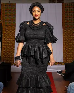 Elegant Black Tiered Ankara Skirt and Blouse with Ruffled Sleeves and Matching HeadWrap