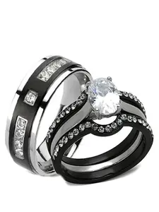 His Hers 4 Piece CZ Black Stainless Steel & Titanium Matching Wedding Band Ring Set