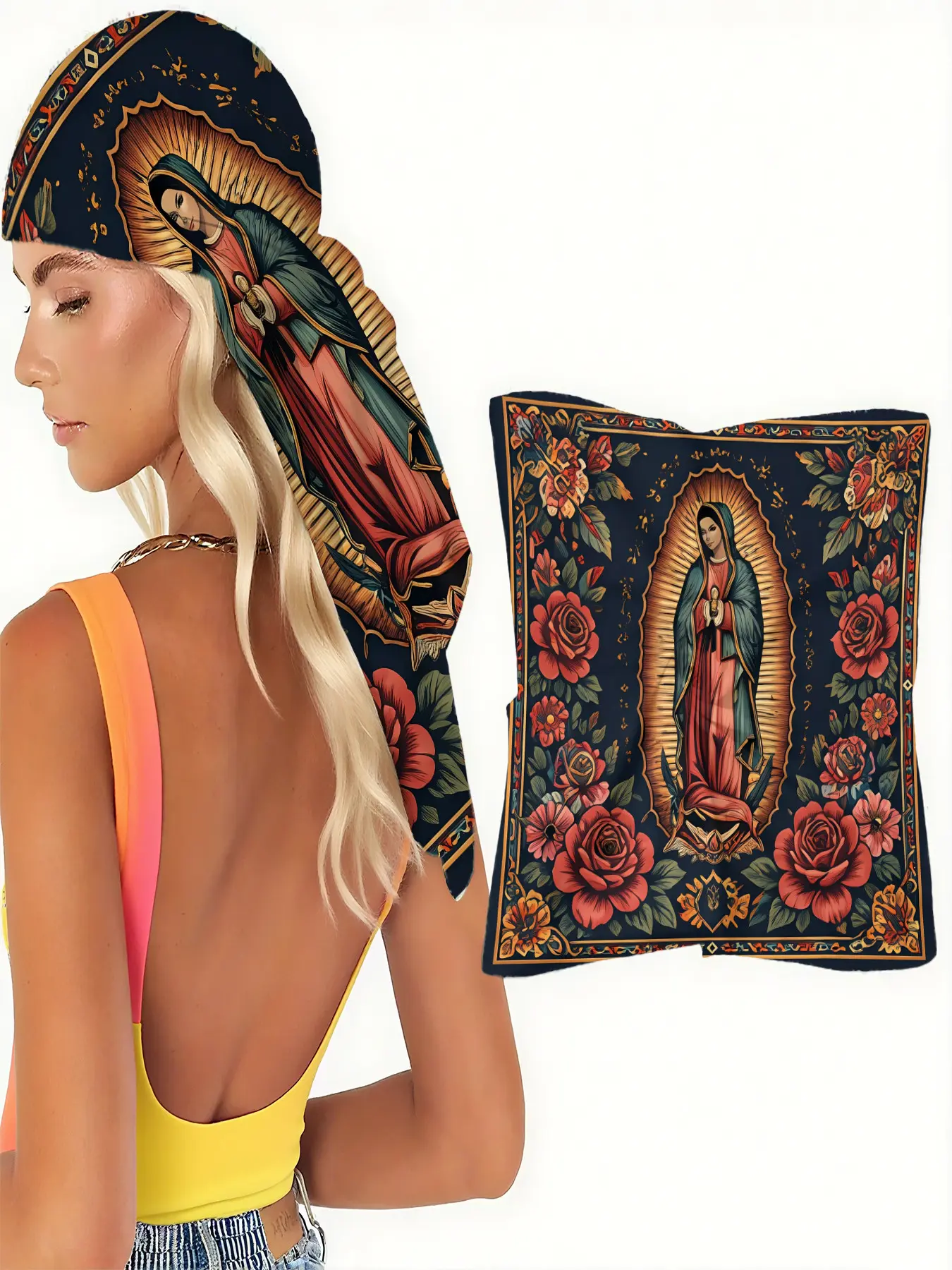 【Mexican Culture】Scarf Shawl Wrap with Virgen de Guadalupe and Vibrant Roses - Spiritual Design for Festive Celebrations, Religious Events and Cultural Gatherings, Head Scarves