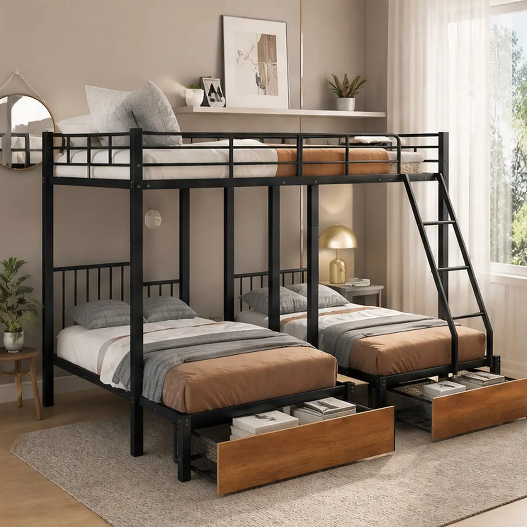 ARCH Full Over Twin & Twin Triple Bunk Bed Metal Frame with Drawers Guardrails Ladder Black for Kids Teens Bedroom Space-Saving Sleepover Solution 3 Beds in 1, Black Color Options, Metal & Wood Material, Product Weight: 166.45 lb, Color: Black