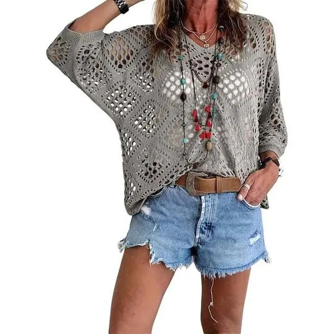 Women's Summer V-neck Rhombus Hollow Bat Sleeve Knitted Sweater Blouse, Womenswear Knitwear Pullover