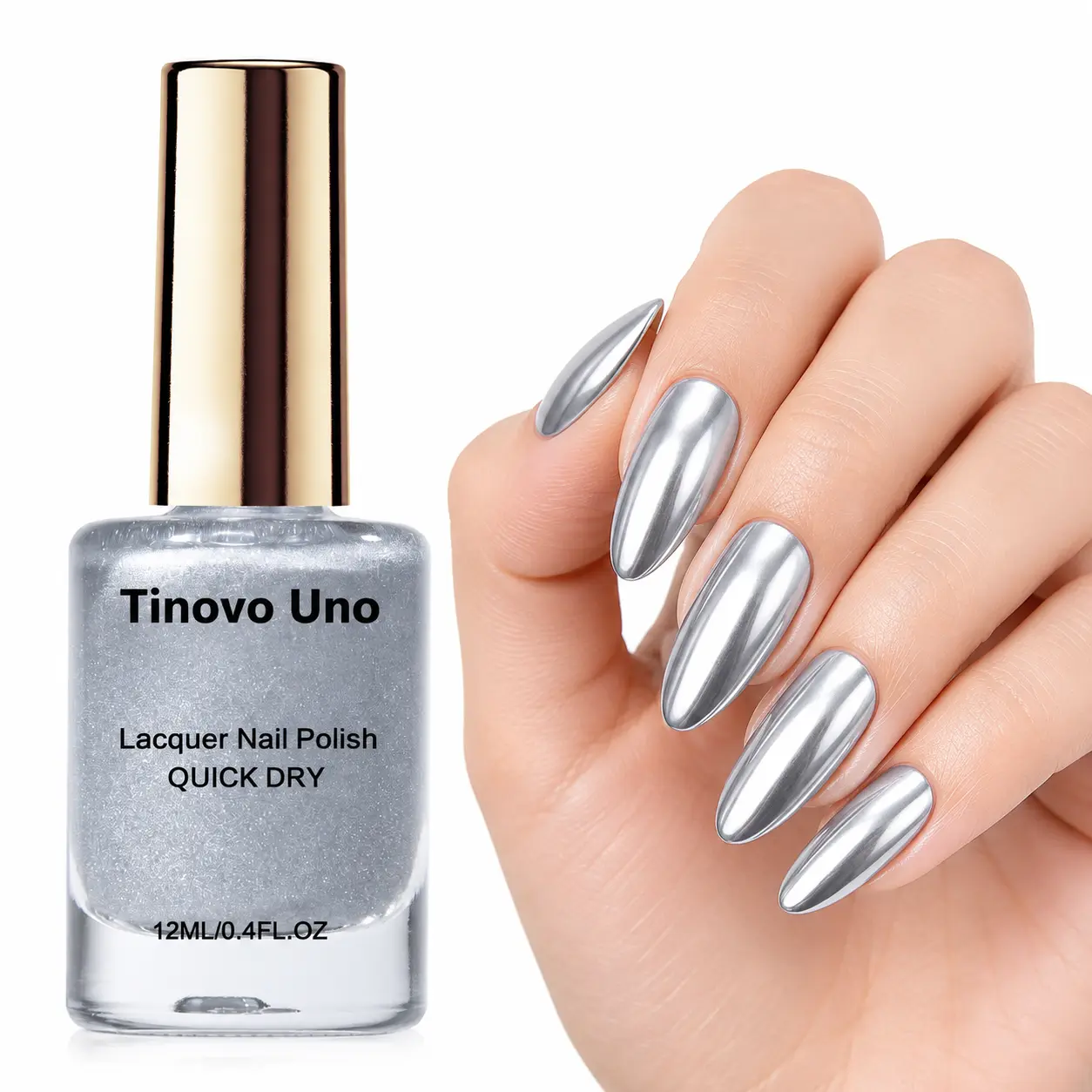 Tinovo Uno Mirror Chrome Metallic Nail Polish - 12ml Single Item, No-Bake Fast-Setting Quick Dry, Glossy Polish, Easy Home Manicure, Nail Art Cosmetic for Professionals Nail Care, 1 Pc