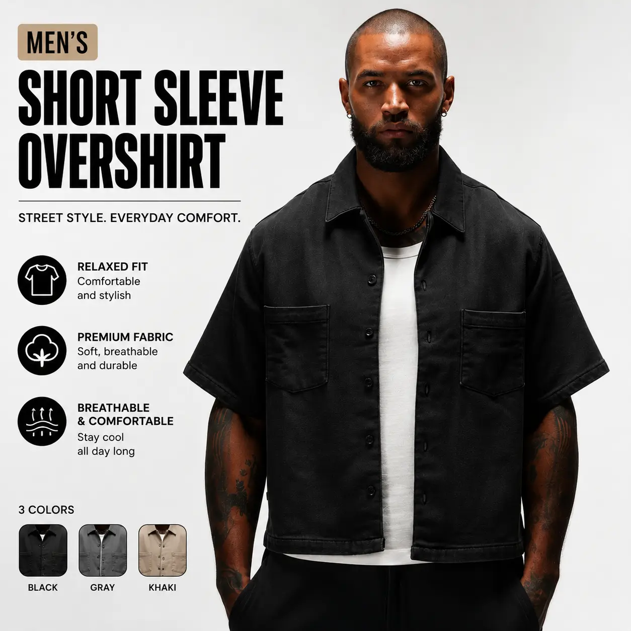 ANANKE Men's Dark Grey Cropped Cuban Button-Down Shirt, Short-Sleeve Oversized Streetwear Top
