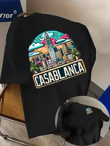 Men's Casablanca Pattern T-Shirt, Retro Travel Poster Design, Moroccan Architecture Print, Comfortable Casual Style