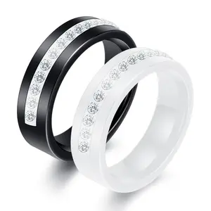 Ceramic Ring,6MM Thin Band,Single Row Rhinestone Inlaid,Black White Pottery Finger Ring,Unique Minimalist Design,Stylish Student Versatile Jewelry,Daily Casual Everyday Wear Accessory
