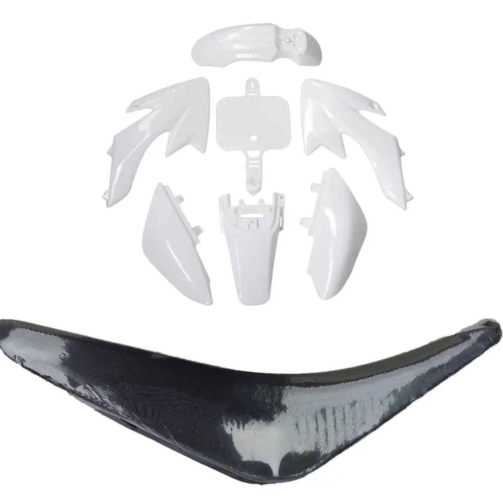 Pit Bike White Plastic Fenders Fairing Kit & Black Gripper Tall Seat for XR50 CRF50 SDG SSR 110cc 125cc Atomik Dirt Bike (Tank Shrouds, Mud Plates Front and Rear, Number Plates)