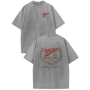 Sunland Miller High Life Acid Wash Tee Champagne Beer Front And Back Graphic Print, Boutique 230g Washed Distressed Batik Thickened Cotton T-shirt, Men's Fashion Casual Cotton T-shirt, Short Sleeve Crew Neck T-shirt