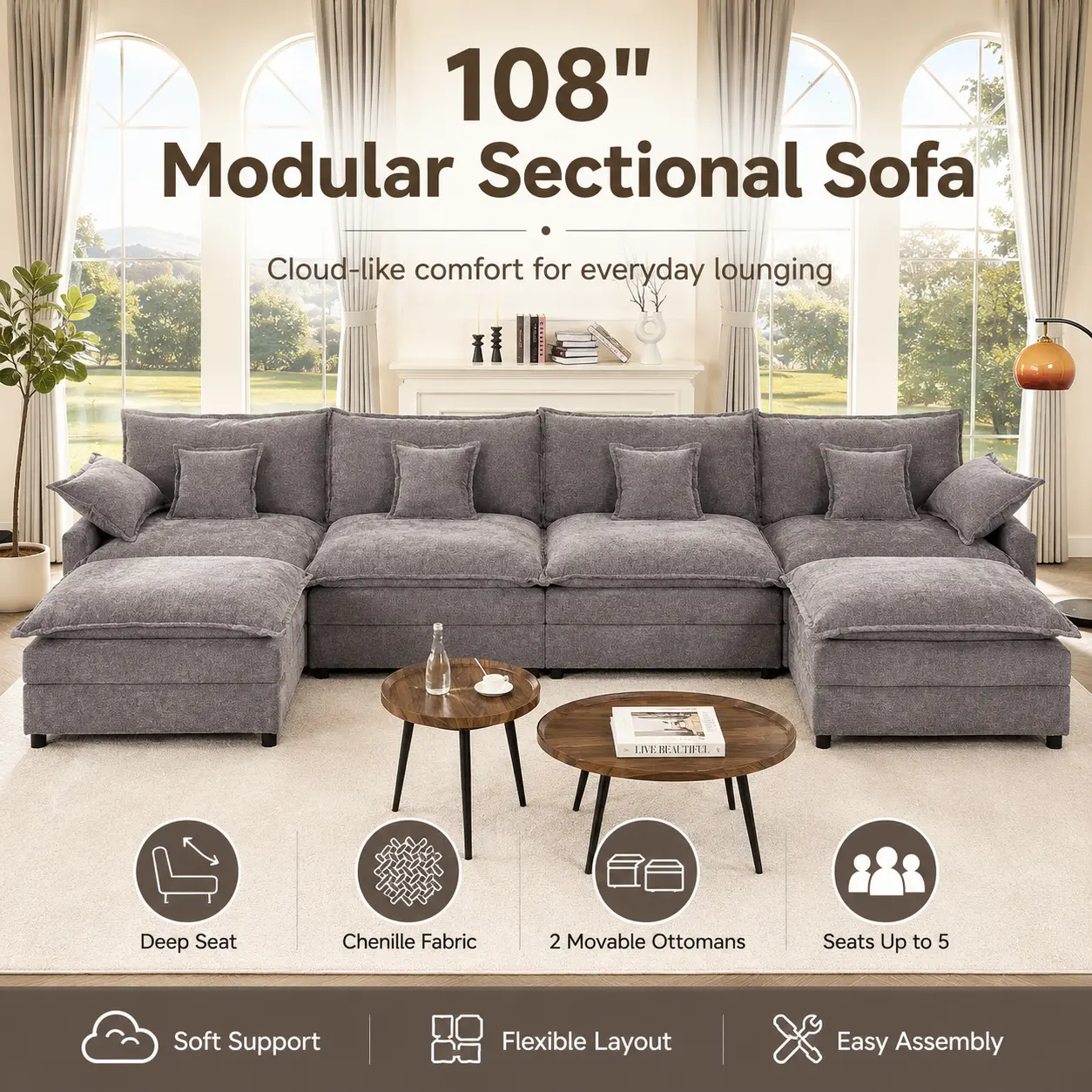 142.5" U-Shaped Modular Sectional Sofa, Slate Gray Chenille Cloud Couch with Movable Ottoman, Deep Seat 4-Seater Sofa for Living Room