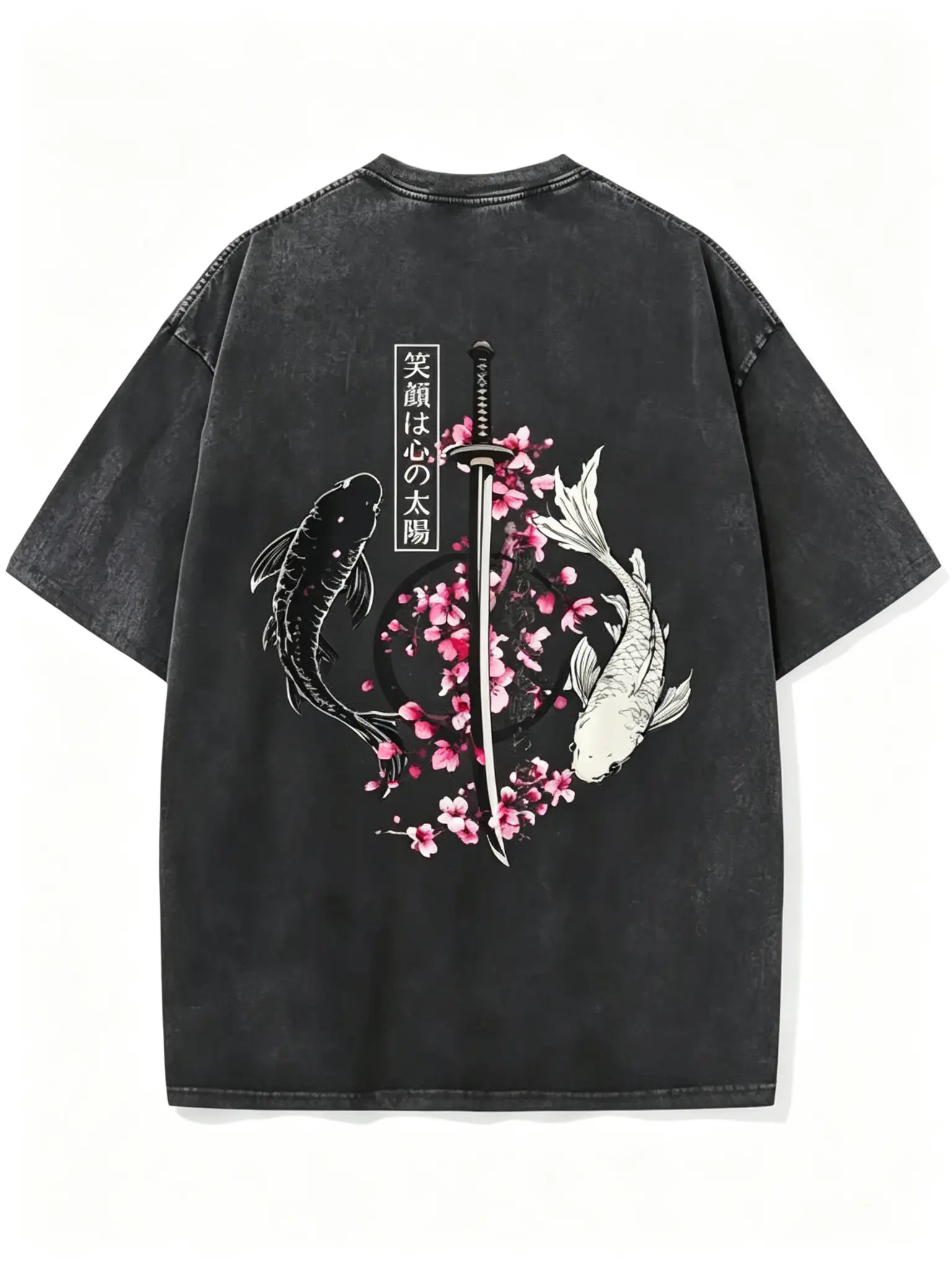 Men's Oversize Washed Japanese Yin Yang Koi Sword Print T-Shirt - Baggy Short-Sleeve Round Neck Tops, Stylish Summer Streetwear Vintage Menswear Unisex Clothing, Shortsleeve, Japanese Street Style Men's Short-Sleeve T-Shirts, Minimize Shrinkage, Graphic T