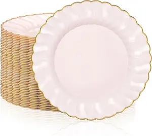 50 count Plastic Plates with  Trim 6'' Small Round Disposable  Dessert Plates for Party Birthday Buffet Wedding Catering Celebration Reception (Pink)