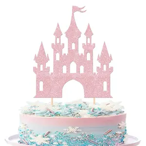 1PC Castle Cake Topper Glitter Princess Cake Topper Castle Theme Birthday Party Decoration Princess Happy Birthday Cake Decoration for Baby Shower Girls Princess Birthday Party Supplies Light Pink