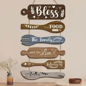 Wooden Kitchen Wall Decor Set, 6 Counts/set Bless The Food Before Us Letter Pattern Wall Hanging Sign, Wall Art for Dining Room, Rustic Kitchen Decor, Ornaments