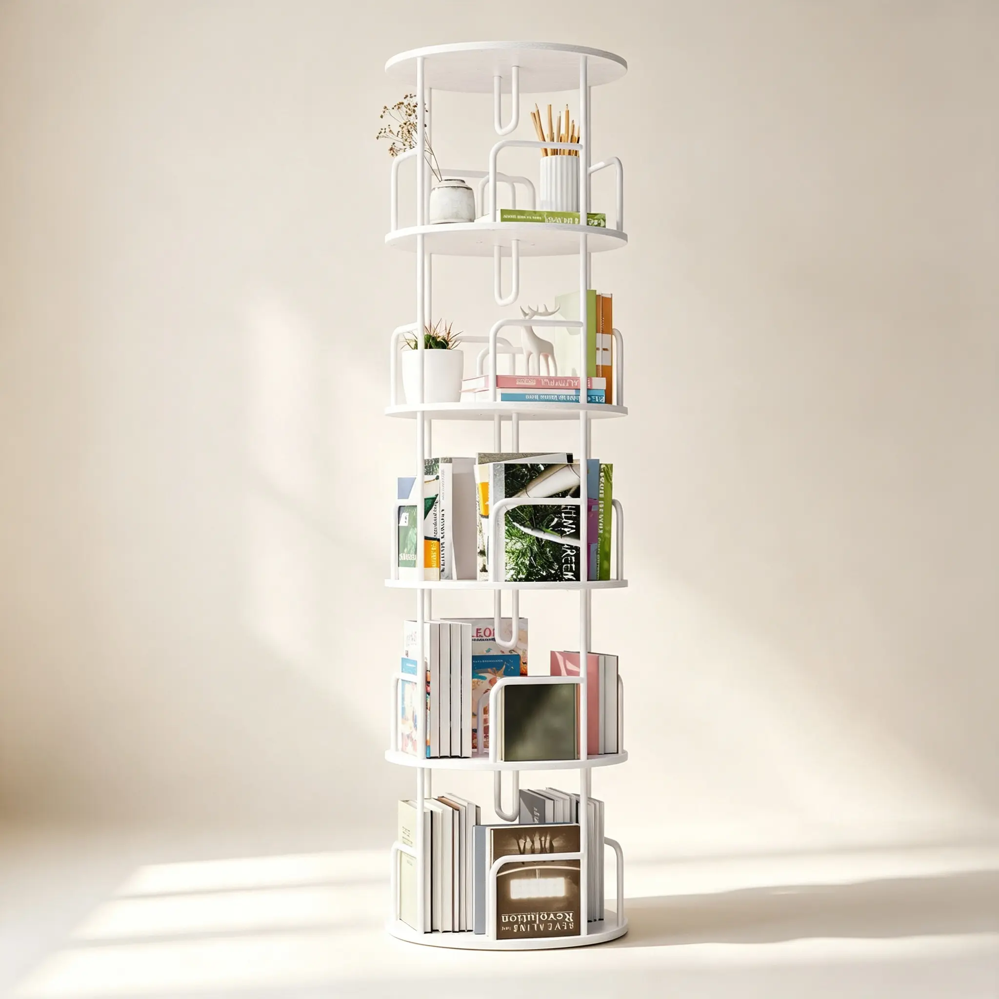 White 5-Tier Narrow Tall 360-Degree Rotating Bookcase Tower - MDF+Iron Revolving Storage Shelf for Office, Commercial Furniture