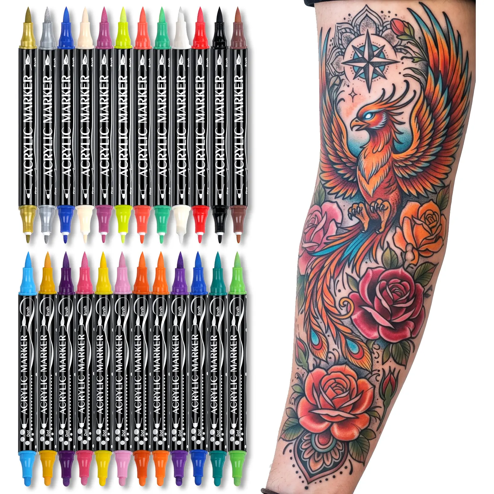 Temporary Tattoo Markers, Dual-Ended Tattoo Pen for Body Face Paint & Tattoos for Adults & Kids Coloring Artwork