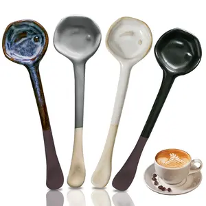 4 Pcs Coffee Spoons Set, Ceramic Vintage Afternoon Tea, Handmade Long-Handle Coffee Scoop, Tea Scoop for Loose Tea, Dinner Serving Spoon, Multifunctional Measuring Spoon, Ceramic Dish Cutlery