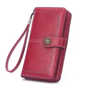 Women’s Vintage PU Leather Long Wallet with Wristband, 12 Card Slots Long Clutch Purse with Flower Buckle for Daily Use