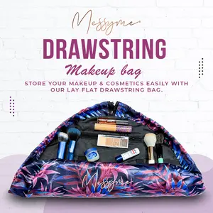 Messyme Makeup Bag Organizer - Magic Cosmetics Pouch Bag Drawstring Makeup Bag Opens flat for Skin Care, Toiletries, Eyeshadow, Lipstick with Brush Holder & Large Pockets Tropical Blue-Pink Flower