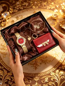 7pcs Mother's Day Gift Set, Accessories Set, Luxury Gold Watch + Jewelry + Wallet Box, Elegant Analog Quartz Watch, All Seasons Gift for Her, Accessory Set