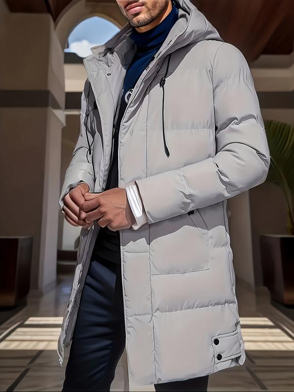 Men's long coat with hood, warm and thick polyester fiber, large pockets, zippered winter jacket, suitable for casual wear, essential for cold weather