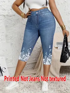 Women's Denim-Effect Imitation Print Knit Skinny Capri Leggings, Fit Casual Comfy Capri Leggings for Daily Wear, Ladies Bottoms for Summer