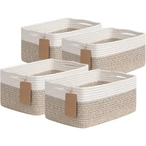 4 Pack Storage Baskets for Shelves Rectangle Woven Baskets for Organizing Cotton Rope Storage Bins for Baby Toys Decorative Basket for Gifts 13''L x 8''W x 6''H Brown & White