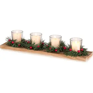 Christmas Candle Holder for Table Centrepiece Decoration: Romadedi Rustic 4 Tealight Holders with Mini Christmas Wreaths Wooden Tray for Xmas Winter Dinner Table Home Decor Gift 16.5 Inches