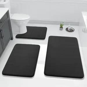 3 Pieces Memory Foam Bath Mat Set with U-Shaped Toilet Rug - Non Slip Super Soft Absorbent Quick Dry Bathroom Rugs for Bathtub, Vanity & Toilet Base, Black