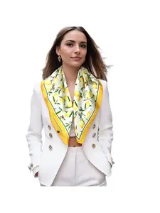 27 inch women's elegant satin square Boho Style Scarf windproof and sun protection headscarf, yellow with white fruit geometric pattern, very suitable for casual outings and neck accessories | fashionable decorative scarf, hair scarf